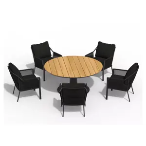 Liv Low Dining Black 6-delige tuinset met Morena Low Dining tuintafel Ø 150cm - Teak